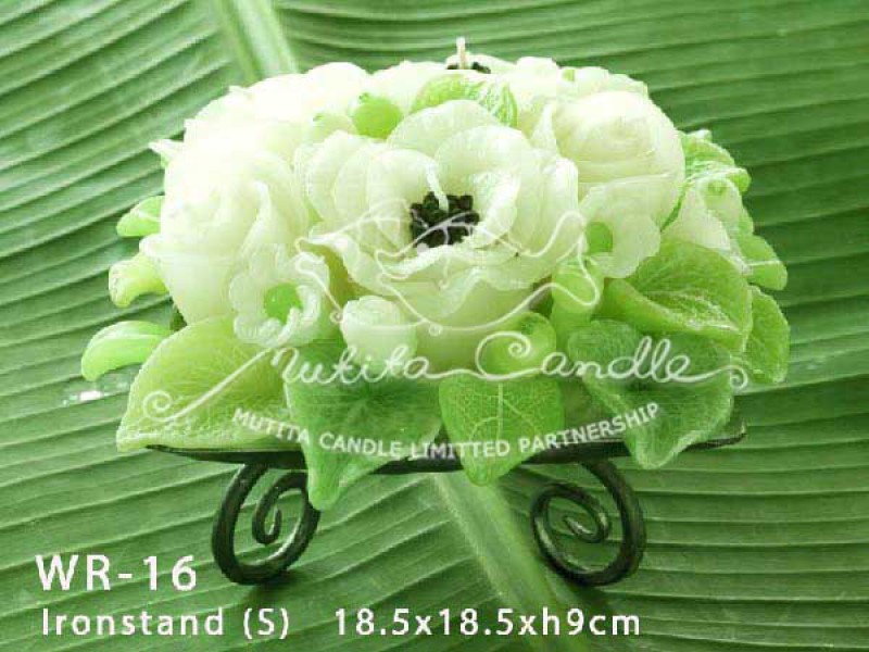 เทียนหอม เดชอุดม : WHITE ROSE SET|GREEN AND WHITE ROSES CANDLE BOUQUETS|WR-16|Ironstand (S) 18.5 x 18.5 x h 9 cm
