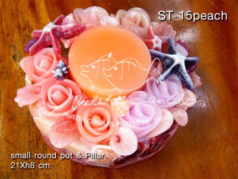 เทียนหอม เดชอุดม :  BROWN OCEAN SET|THE BEAUTIFUL ROMANTIC BEACH CANDLES|ST-15 PEACH|small round pot & pillar 21 x h 8 cm
