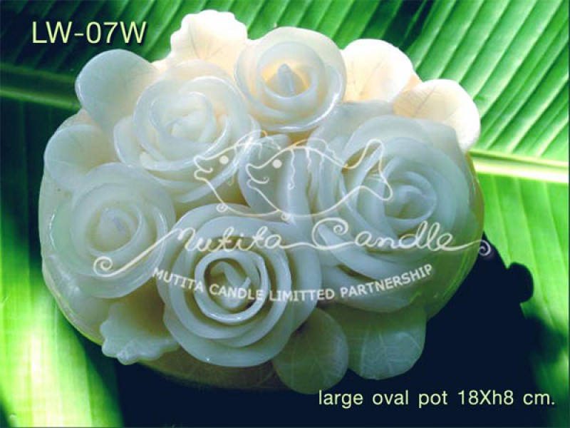 เทียนหอม เดชอุดม :  WHITE COLOUR SET|CLASSIC WHITE ROSES CANDLE ARRANGTMENT
Weddng Candles, best elegant candles for wedding ceremony.|LW-07W|large oval pot 18 x h 8 cm