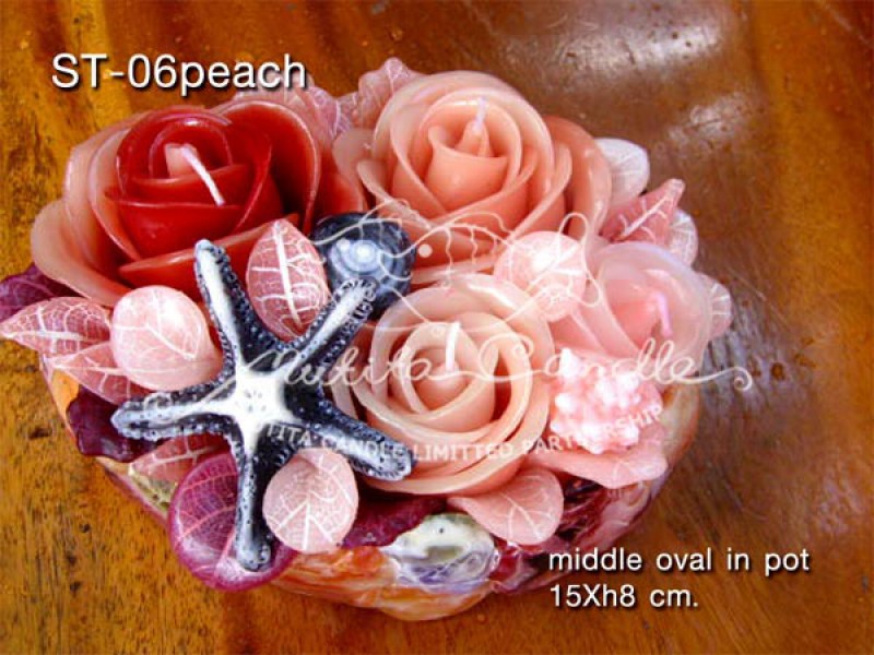 เทียนหอม เดชอุดม :  BROWN OCEAN SET|THE BEAUTIFUL ROMANTIC BEACH CANDLES|ST-06 PEACH|middle oval pot 15 x h 8 cm