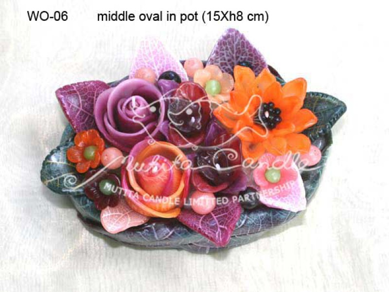 เทียนหอม เดชอุดม :  DARK PURPLE & ORANGE|orienatal flower candles from Thailand for any ocassions
WILD FLOWER CANDLES IN COLOUR RICH TONES|WO-06|middle oval pot 15 x h 8 cm