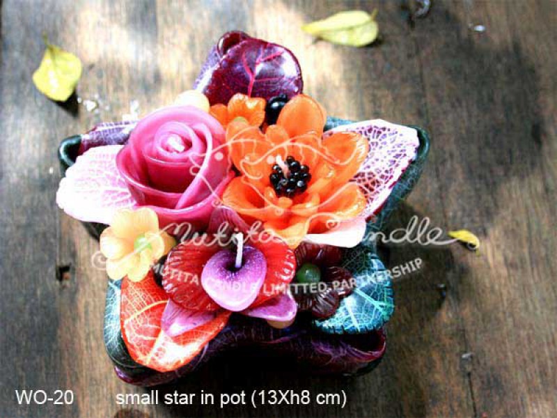 เทียนหอม เดชอุดม :  DARK PURPLE & ORANGE|orienatal flower candles from Thailand for any ocassions
WILD FLOWER CANDLES IN COLOUR RICH TONES|WO-20|Small star in pot 13 x h8 cm
