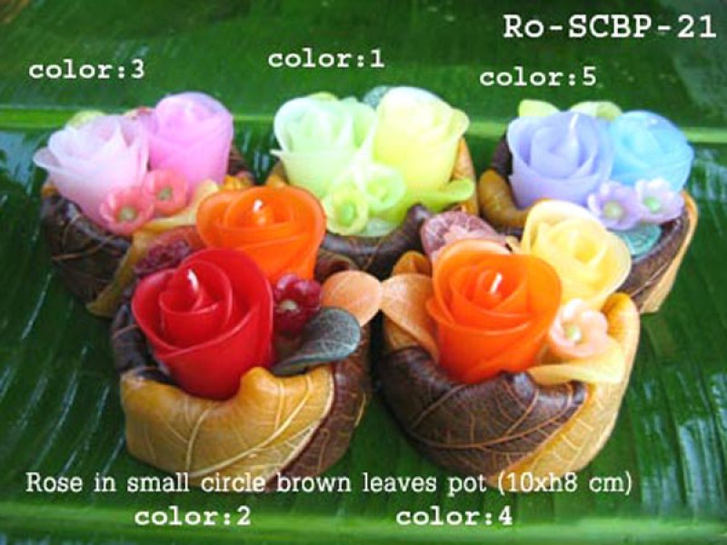 เทียนหอม เดชอุดม : CATALOGUE01|small items of flower candles from Thailand for any ocassions
FLOWER CANDLES COLLECTIONS|Ro-SCBP-21|small circle brown leaves pot 10 x h 8 cm