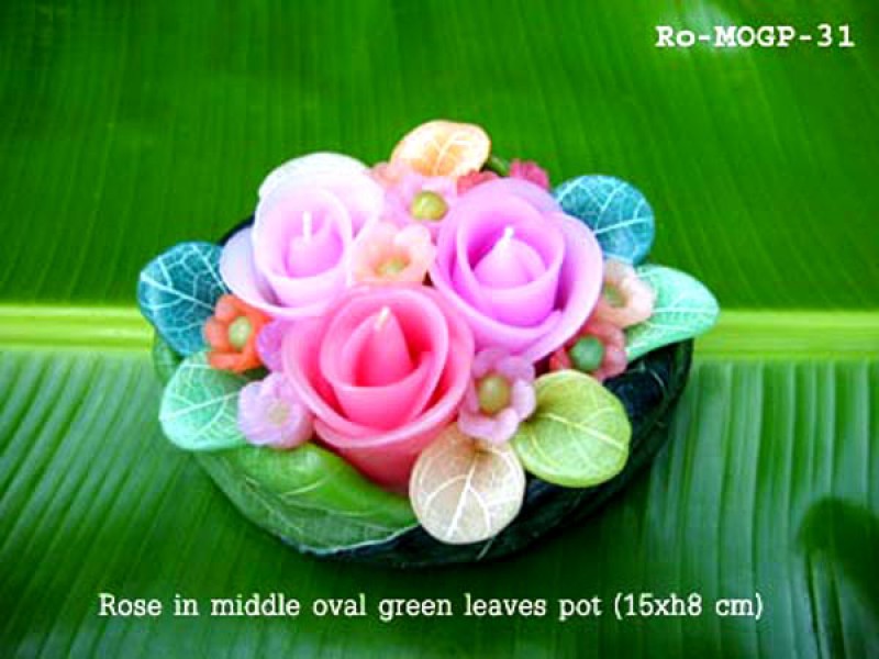 เทียนหอม เดชอุดม : CATALOGUE01|small items of flower candles from Thailand for any ocassions
FLOWER CANDLES COLLECTIONS|Ro-MOGP-31|middle oval green leaves pot 15 x h 8 cm
