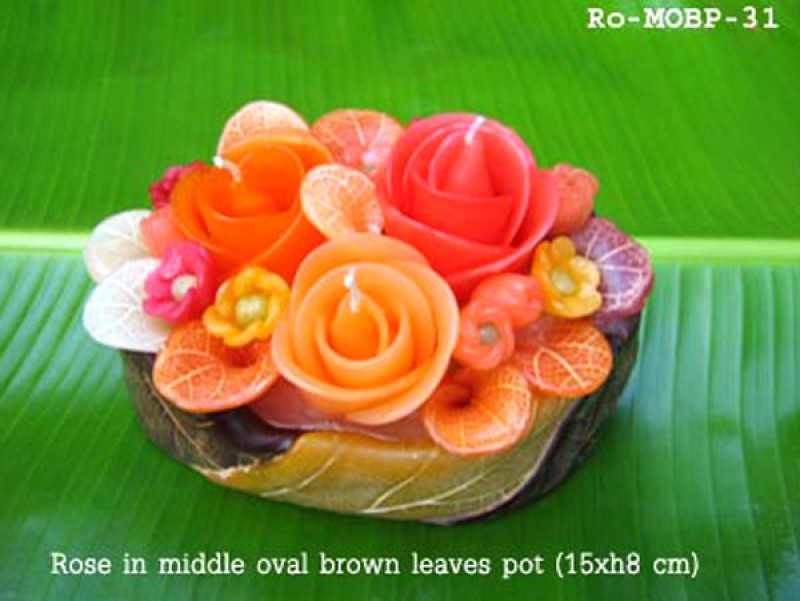 เทียนหอม เดชอุดม : CATALOGUE01|small items of flower candles from Thailand for any ocassions
FLOWER CANDLES COLLECTIONS|Ro-MOBP-31|middle oval brown leaves pot 15 x h 8 cm