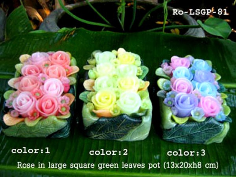 เทียนหอม เดชอุดม : CATALOGUE01|small items of flower candles from Thailand for any ocassions
FLOWER CANDLES COLLECTIONS|Ro-LSGP-81|large square green leaves pot 13 x 20 x h 8 c