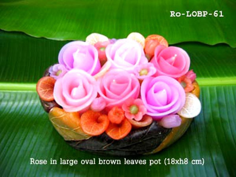 เทียนหอม เดชอุดม : CATALOGUE01|small items of flower candles from Thailand for any ocassions
FLOWER CANDLES COLLECTIONS|Ro-LOBP-61|large oval brown leaves pot 18 x h 8 cm